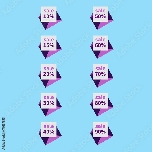 Postal envelopes set . Ten open envelopes. Discount letters on white paper sheets. Sale and discount from 10 to 90. Vector email design template. Advertising mailing, notification, e-mail marketing.