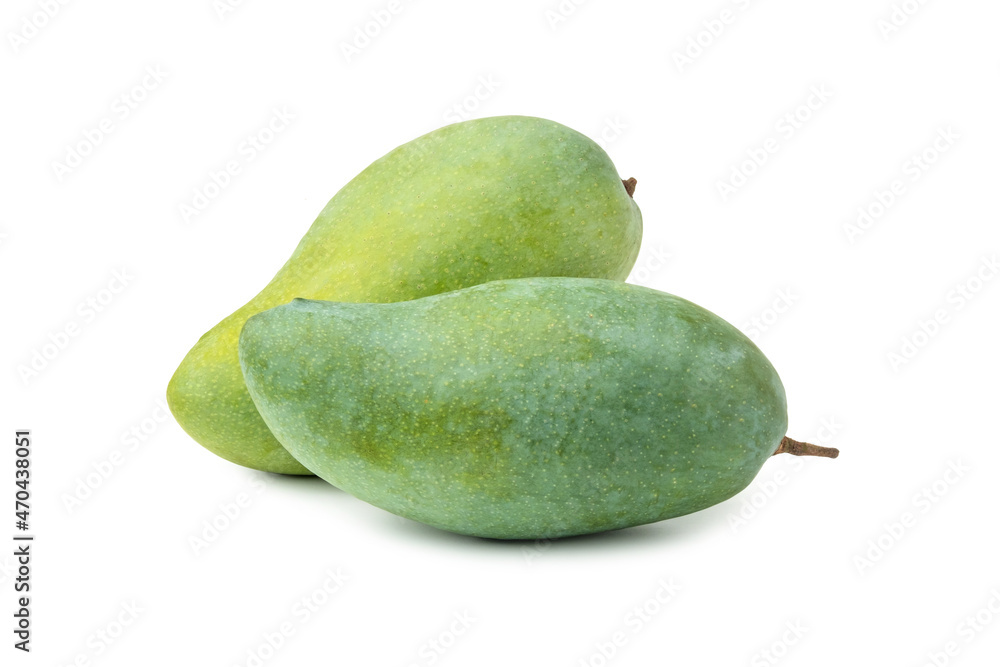 Close up two Green Mango (Khiaosawoey) isolated on white background Close up two Green Mango (Khiaosawoey) isolated on white background