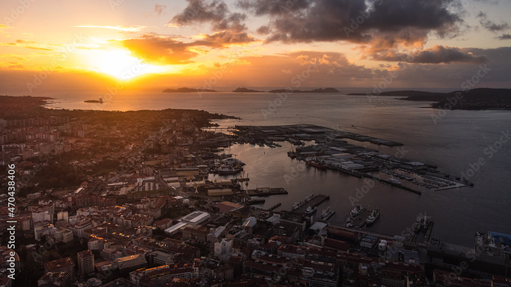 Aerial sunset view of the city of Vigo north Spain Galicia region