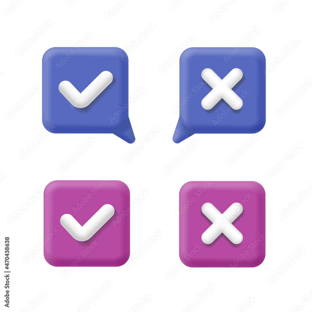 Check and cross signs. Yes and No checkmark. OK and remove buttons icons, Decline, approve, accepted, confirmed speech bubble set. Vector 3d Check and cross signs. Yes and No checkmark. OK and remove buttons icons, Decline, approve, accepted, confirmed speech bubble set. Vector 3d