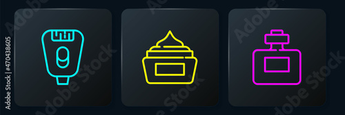 Set line Epilator, Perfume and Cream lotion cosmetic tube. Black square button. Vector