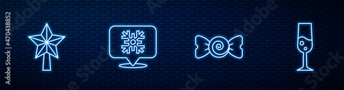 Set line Candy, Christmas star, Snowflake speech bubble and Glass of champagne. Glowing neon icon on brick wall. Vector