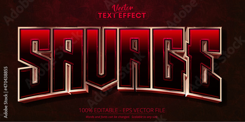 Savage text, red and rose gold color editable text effect on dark red textured background