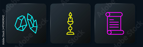 Set line Magic stone, Decree, parchment, scroll and Burning candle. Black square button. Vector