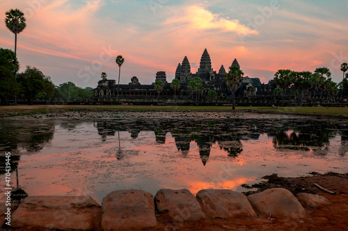 Angkor Wat is a huge Hindu temple complex in Cambodia. 