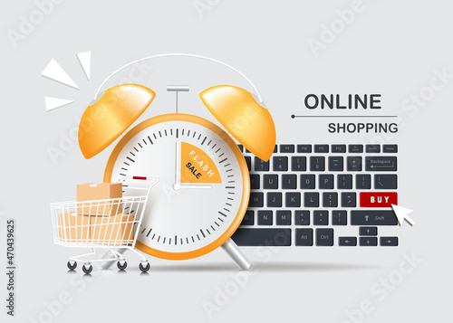 Alarms clock alerting flash sales promotions and parcel boxes in carts placed in front. Computer keyboard with cursor pointing to buy button for delivery and online shopping concept,vector 3d isolated