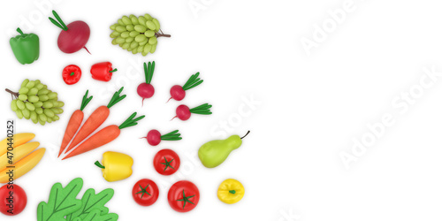 Fruits and vegetables. Food background. Groceries for a healthy diet. Products on white, top view. Vegetarian nutrition delivery. Cartoon style. 3d rendering.