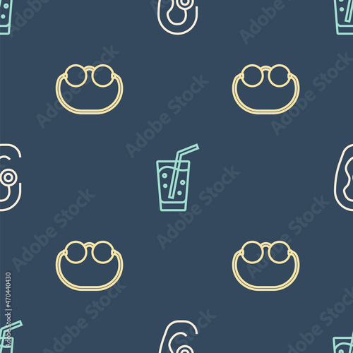 Set line Hearing aid, Eyeglasses and Glass with water on seamless pattern. Vector
