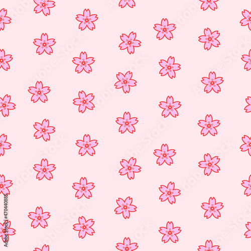 Pink sakura flowers simple seamless pattern texture. Cartoon style.
