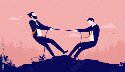 Business rivalry vector illustration - Two businessmen competing in tug of war outdoors. Business competition and contest concept.