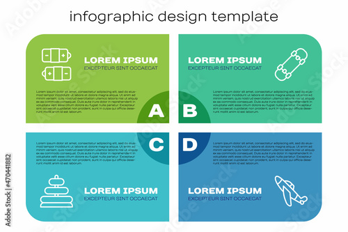 Set line Pyramid toy, Battery, Toy plane and Skateboard. Business infographic template. Vector