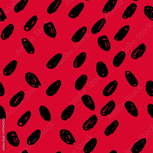 Polka dot black abstract seamless pattern on red background. Vector design for textile, backgrounds, clothes, wrapping paper, web sites and wallpaper. Fashion illustration seamless pattern.