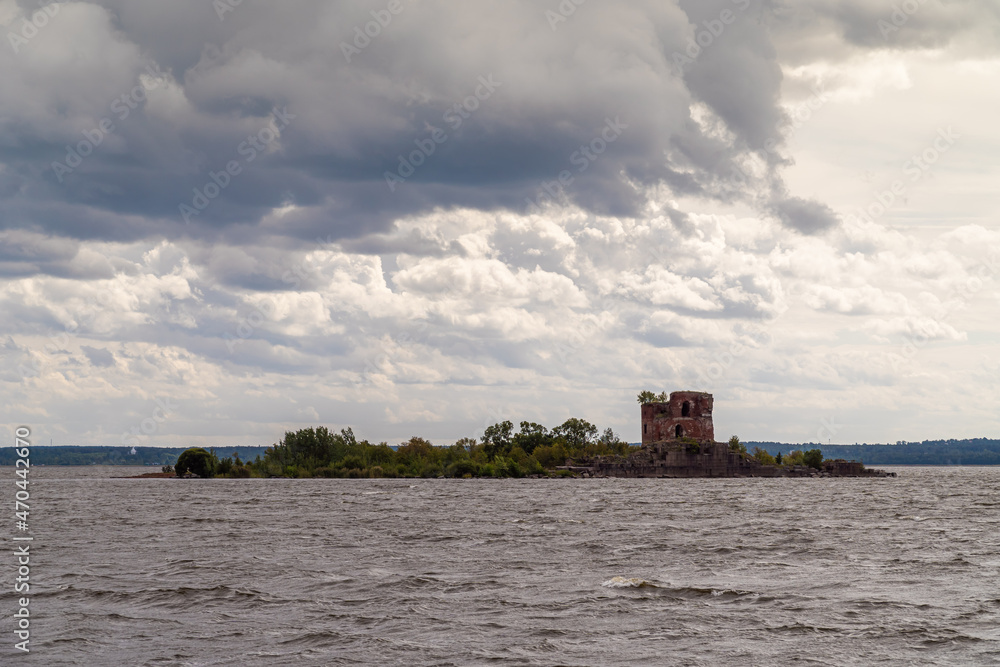 Russia. Saint-Petersburg. August 15, 2021. The ruins of Fort Pavel 1 near the southern shore of Kronstadt.