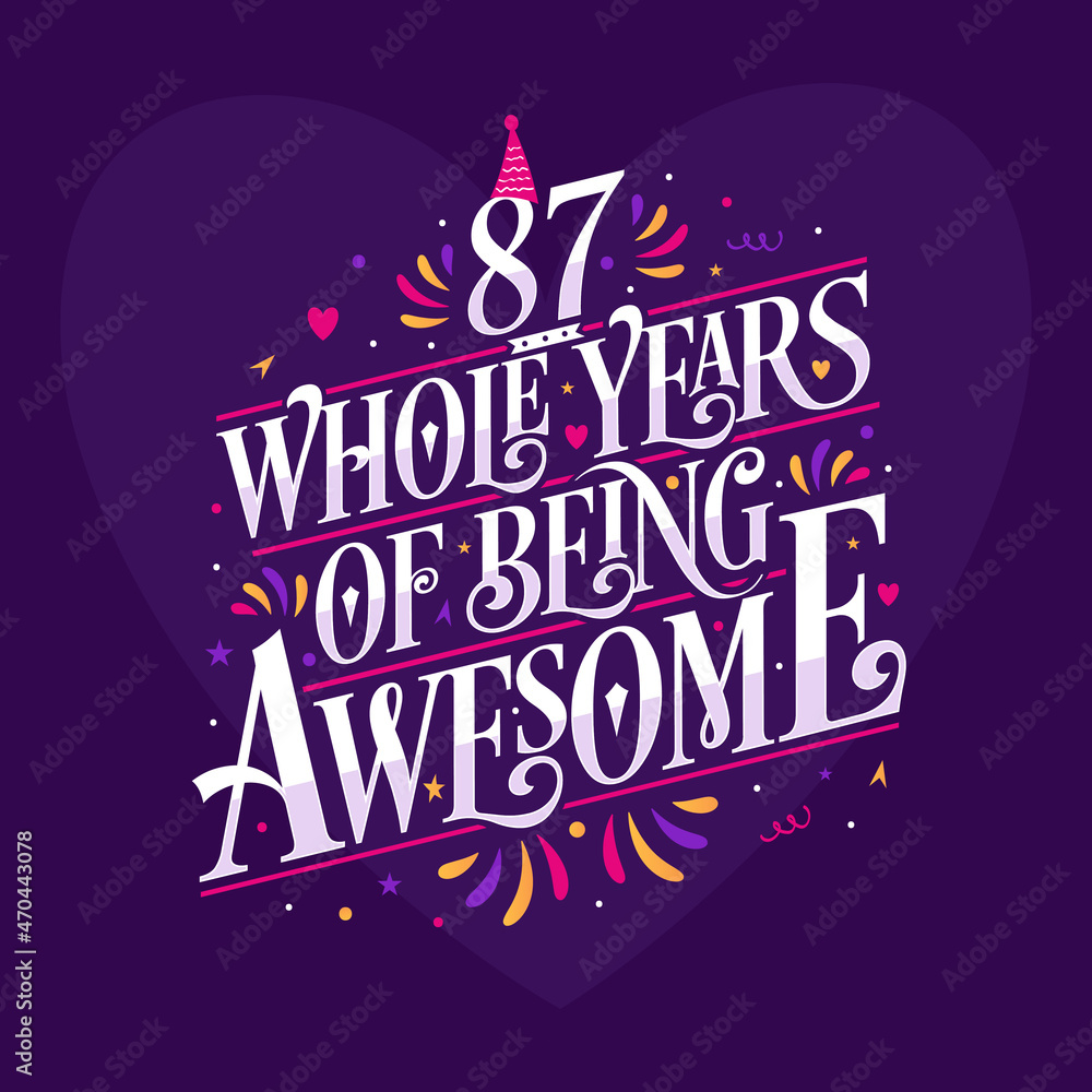87 whole years of being awesome. 87th birthday celebration lettering