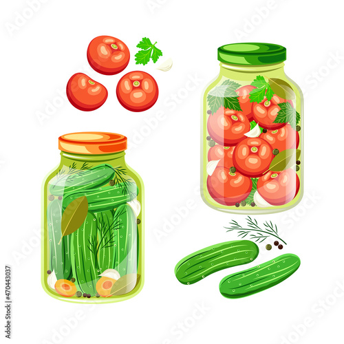 Flat illustration of jars of canned cucumbers and tomatoes. Green cucumbers gherkins and red tomatoes with spices in a glass jar on white background. Idea for poster, sticker, web design and so on.