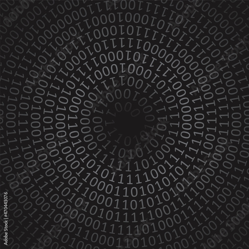 Spiral binary code. Illustration of black technology Background with binary code.Vector available. 