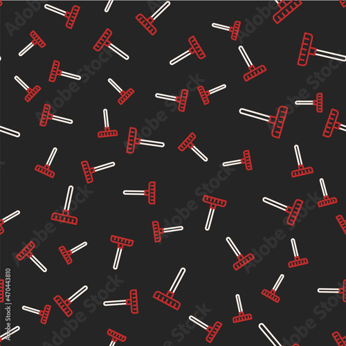Line Garden rake icon isolated seamless pattern on black background. Tool for horticulture, agriculture, farming. Ground cultivator. Housekeeping equipment. Vector