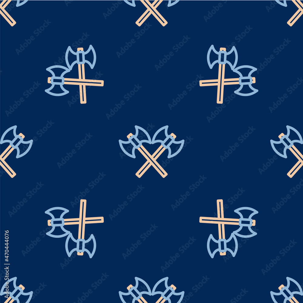 Line Crossed medieval axes icon isolated seamless pattern on blue background. Battle axe, executioner axe. Medieval weapon. Vector