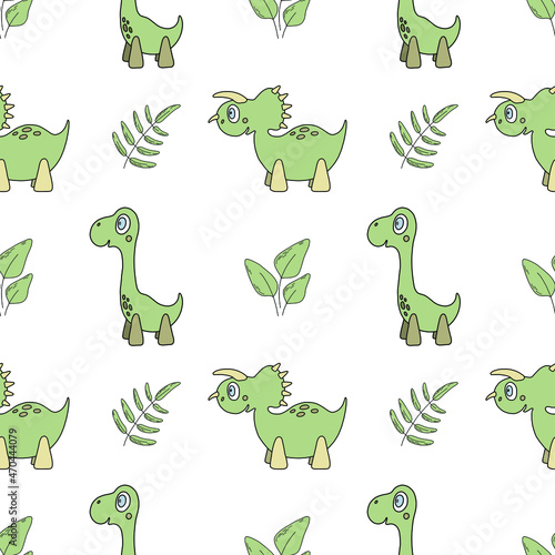 Vector seamless pattern with cartoon little dinosaurs and leaves in green color. Cute happy children characters. Nice illustration for kids fabric  textile  wallpaper 