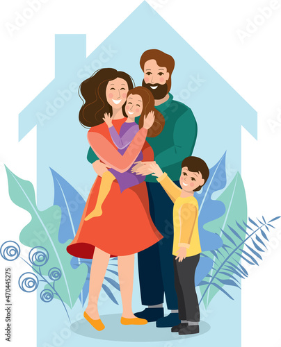 A happy family stands hugging, dad and mom hold their daughter in their arms, son stands next to dad. Protecting the family under the roof, protecting from coronavirus. Vector illustration