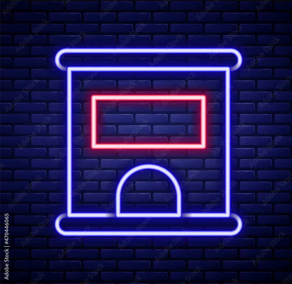 Glowing neon line Ticket office to buy tickets for train or plane icon isolated on brick wall background. Buying tickets. Ticket service. Colorful outline concept. Vector Glowing neon line Ticket office to buy tickets for train or plane icon isolated on brick wall background. Buying tickets. Ticket service. Colorful outline concept. Vector