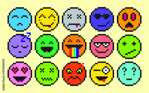 A set of 15 vector pixel art emojis