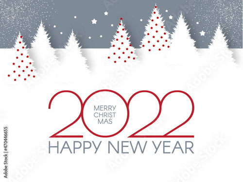 Happy New 2022 Year flyer design template. Elegant white card with Christmas trees. Coniferous forest