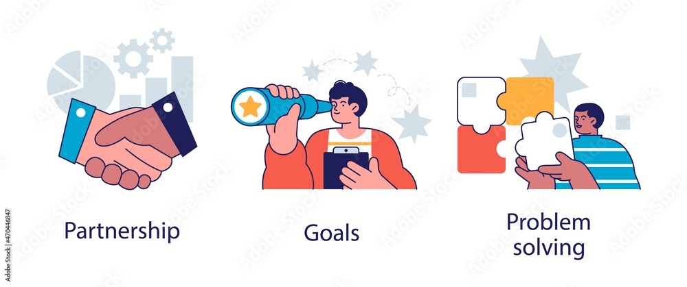 Successful business icons set. Effective teamwork, career promotion, solution development. Partnership, goals, problem solving metaphors. Successful business icons set. Effective teamwork, career promotion, solution development. Partnership, goals, problem solving metaphors.