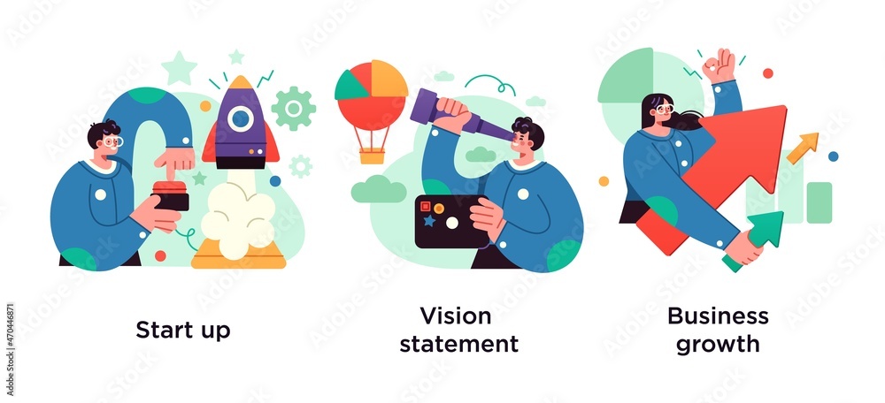Naklejka premium Successful project launch, corporate strategy presentation, icons set. Startup, vision statement, business growth metaphors.