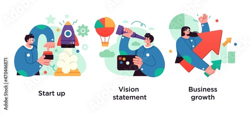 Successful project launch, corporate strategy presentation, icons set. Startup, vision statement, business growth metaphors.