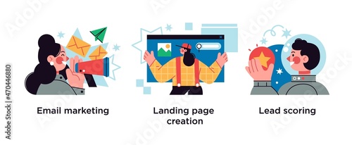 Web design and targeted advertisement flat icons set. Newsletter digital promotion. Email marketing, landing page creation, lead scoring metaphors