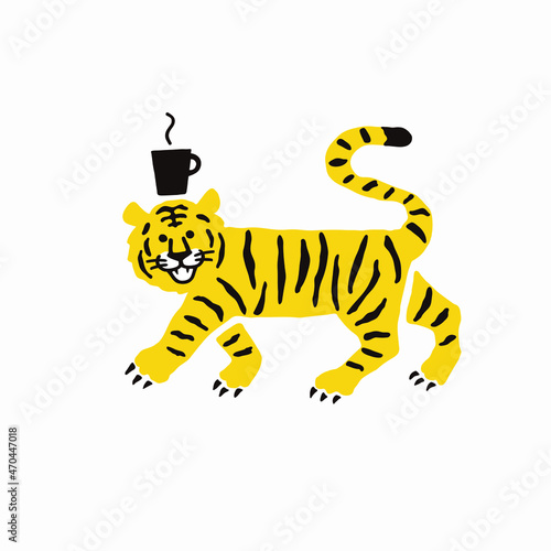 ロゴ、シンボルマークのための、コーヒーカップを頭に乗せた虎のシンプルなイラスト