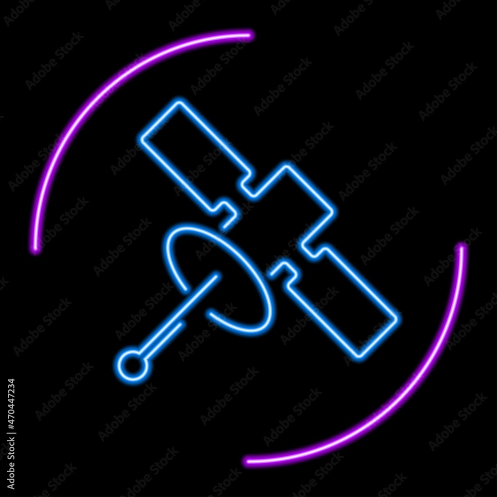 Satellite neon sign, modern glowing banner design, colorful trend of modern design on black background. Vector illustration. Satellite neon sign, modern glowing banner design, colorful trend of modern design on black background. Vector illustration.