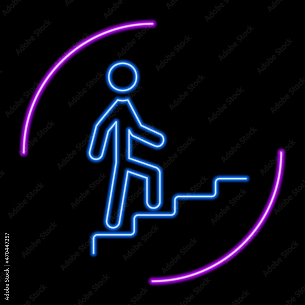Man going up neon sign, modern glowing banner design, colorful modern design trends on black background. Vector illustration. Man going up neon sign, modern glowing banner design, colorful modern design trends on black background. Vector illustration.