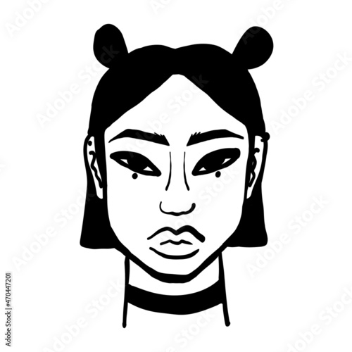 Contemporary Asian American young woman, stylish teenager with fashion style make up art portrait, line art girl's face.