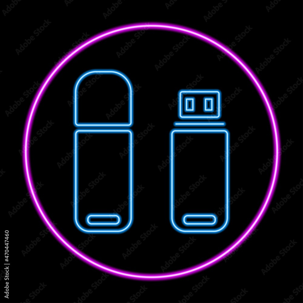 USB flash drive neon sign, modern glowing banner design, colorful modern design trends on black background. Vector illustration. USB flash drive neon sign, modern glowing banner design, colorful modern design trends on black background. Vector illustration.