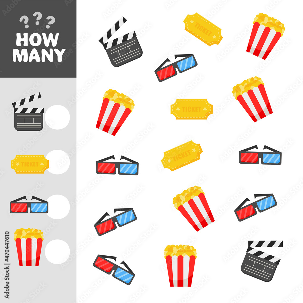 Educational math game for preschool children. How many objects task. Counting game for kids. Cinema icons