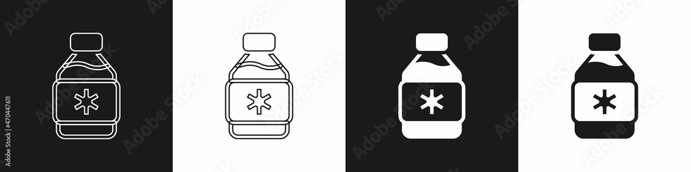 Set Bottle of medicine syrup icon isolated on black and white background. Vector Set Bottle of medicine syrup icon isolated on black and white background. Vector