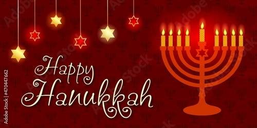 Hanukkah banner or template on a beautiful background with stars of David and an Israeli candlestick.