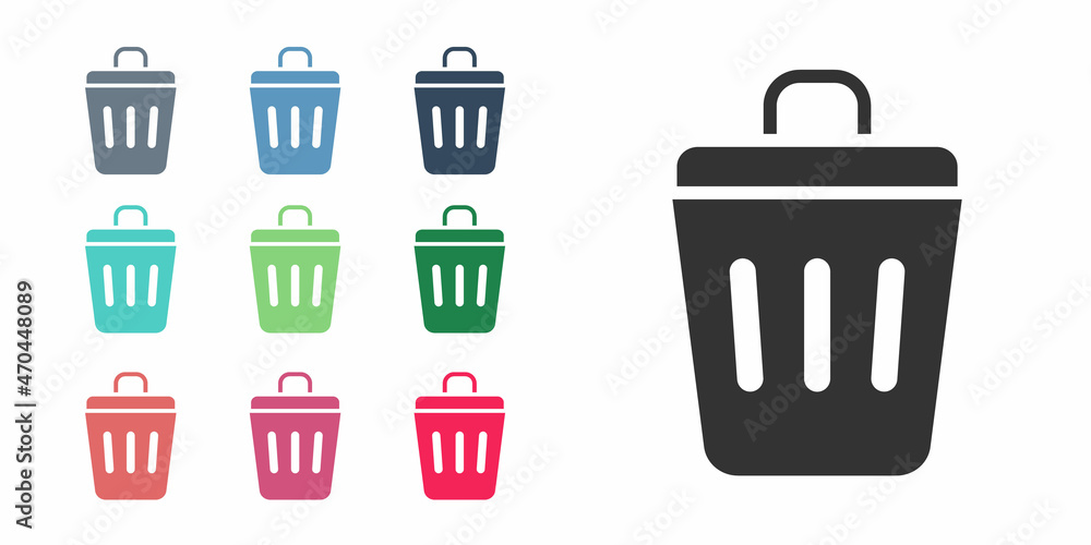 Black Trash can icon isolated on white background. Garbage bin sign. Recycle basket icon. Office trash icon. Set icons colorful. Vector