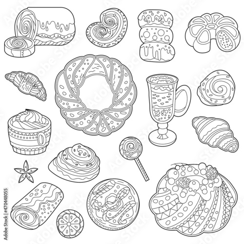 Set with festive black and white desserts. Christmas cakes, sweets and muffins isolated on white background. Different pastry for coloring book and food season design.