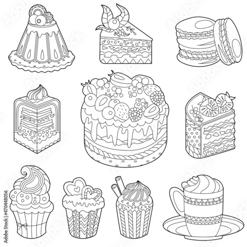 Set with black and white desserts. Cakes, sweets and muffins isolated on white background. Different pastry for coloring book and food design.