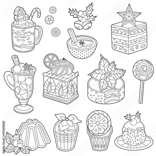 Set with festive black and white desserts. Christmas cakes, sweets and muffins isolated on white background. Different pastry for coloring book and food season design.