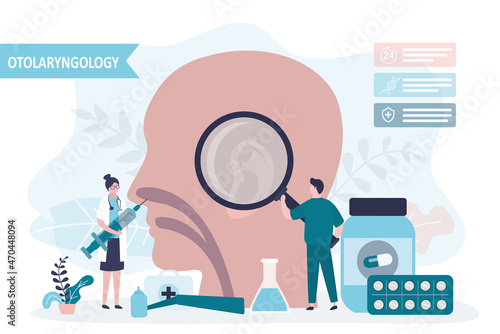 Doctor with magnifying glass examines patient ear. Otolaryngologist diagnose ear diseases