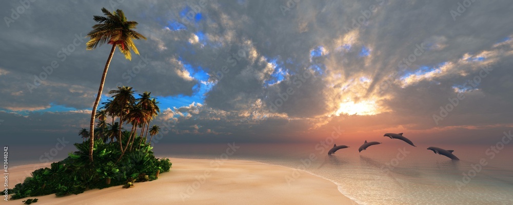 Ocean Sunset With Dolphins And Palm Trees