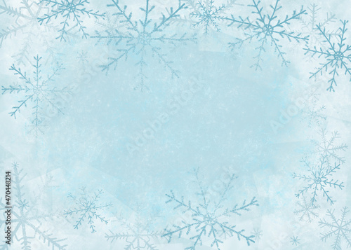 Grunge winter watercolor white-blue cold background with snowflakes in the form of a frame