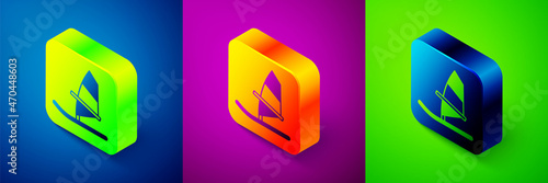 Isometric Windsurfing icon isolated on blue, purple and green background. Square button. Vector
