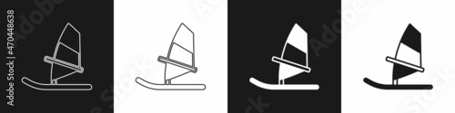 Set Windsurfing icon isolated on black and white background. Vector