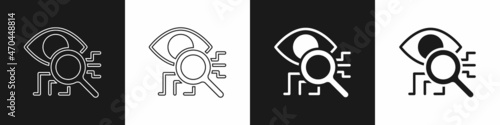 Set Eye scan icon isolated on black and white background. Retinal scan. Scanning eye. Security check symbol. Cyber eye sign. Vector