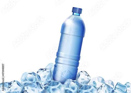 Mineral water bottle in ice cubes isolated on white backround. Poster with cold pure drinking aqua for beverage advertising realistic vector